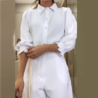 Women's elegant shirt commuting wide-leg pants suit 7