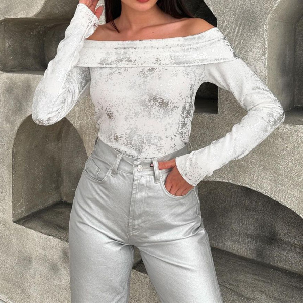 Ink-splashed print short collar slim fit top 28