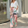 V-neck bat sleeves fashion print high waist wide leg pants suit 33