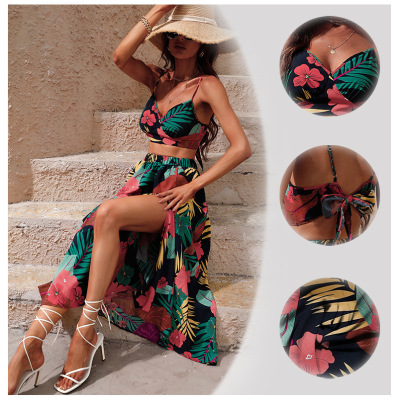 Fashion Print Beach Sexy Vest High Waist Slit Maxi Skirt 34