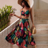 Fashion Print Beach Sexy Vest High Waist Slit Maxi Skirt 34