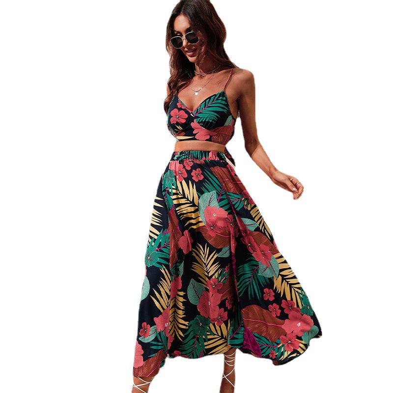 Fashion Print Beach Sexy Vest High Waist Slit Maxi Skirt 34