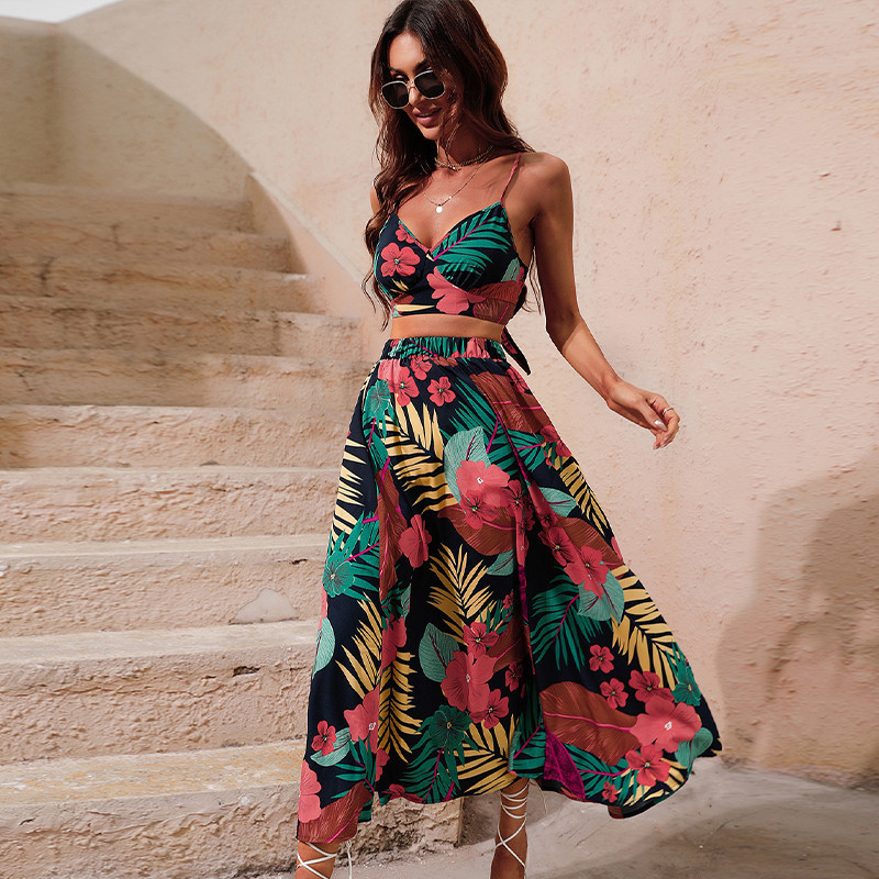 Fashion Print Beach Sexy Vest High Waist Slit Maxi Skirt 34