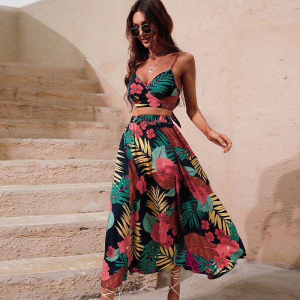 Fashion Print Beach Sexy Vest High Waist Slit Maxi Skirt 34