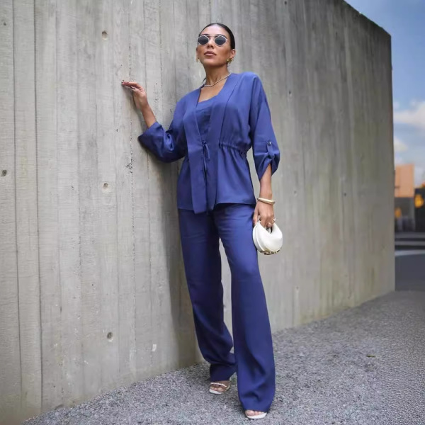 Solid color waist top casual pants two piece set 43