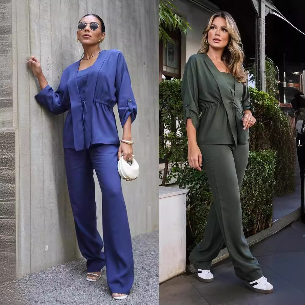 Solid color waist top casual pants two piece set 43