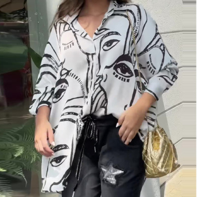 Niche Print Loose Casual Hooded Shirt Top 47