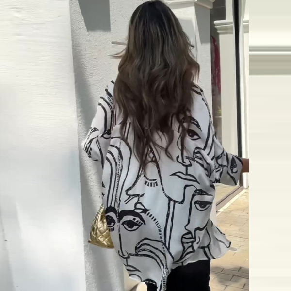 Niche Print Loose Casual Hooded Shirt Top 47