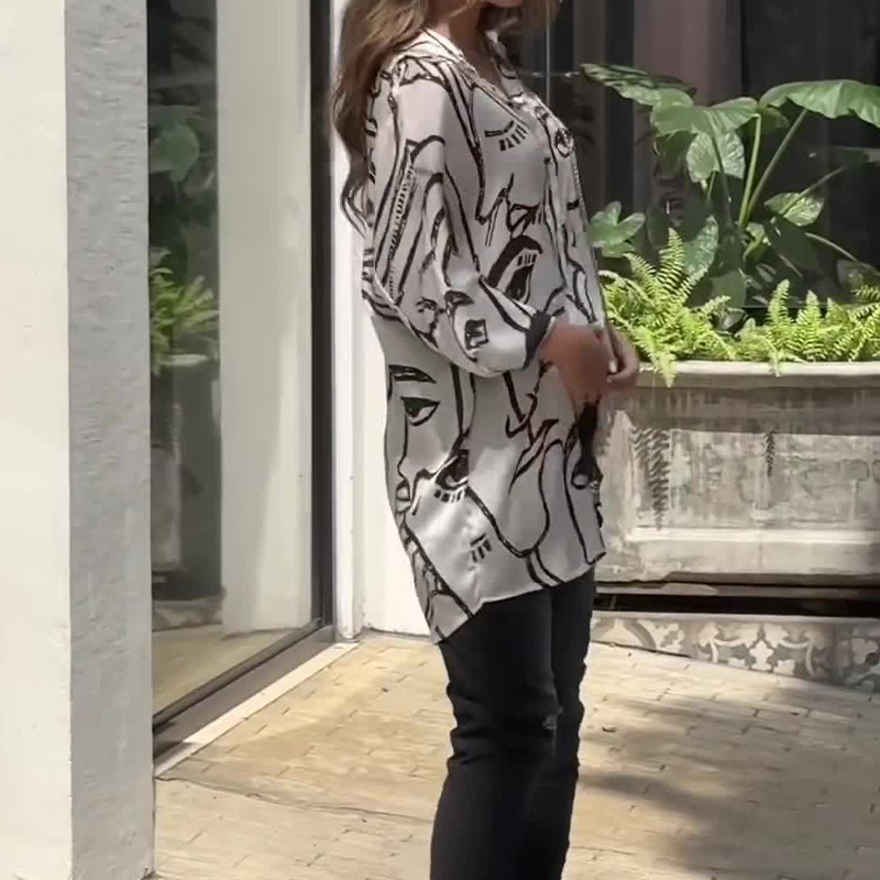 Niche Print Loose Casual Hooded Shirt Top 47