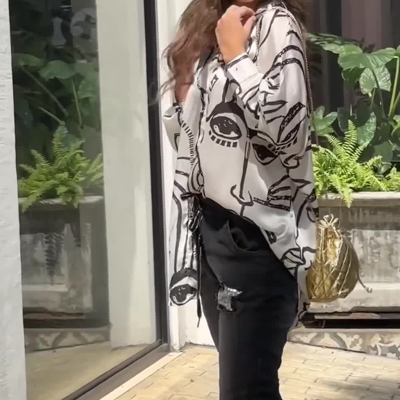 Niche Print Loose Casual Hooded Shirt Top 47