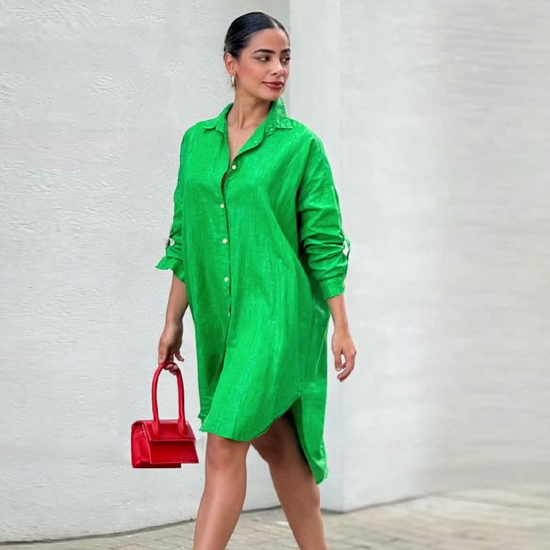 Printed casual long simple and comfortable shirt dress 48