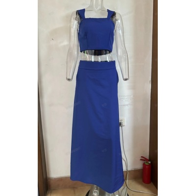 Women's Navel-Baring Camisole Top High Waisted Maxi Skirt Set 54