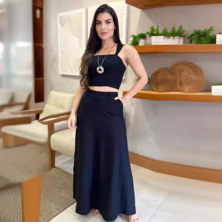 Women's Navel-Baring Camisole Top High Waisted Maxi Skirt Set 54