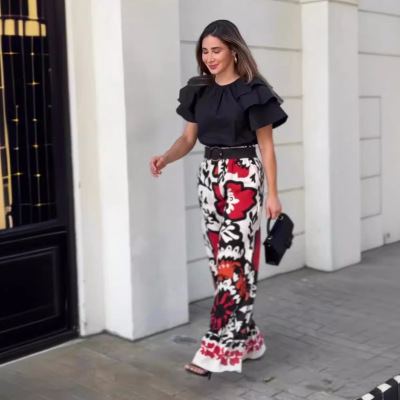 Ruffled Round Neck Top Fashion Printed Pants Casual Set 60