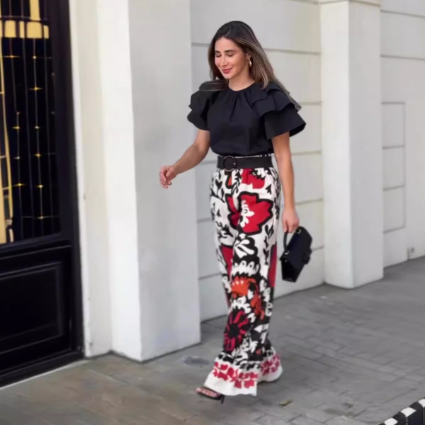 Ruffled Round Neck Top Fashion Printed Pants Casual Set 60