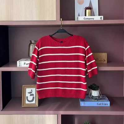 Fashion striped print round neck comfortable simple short top 50