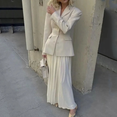 Small lapel slim fit pleated long skirt suit 13
