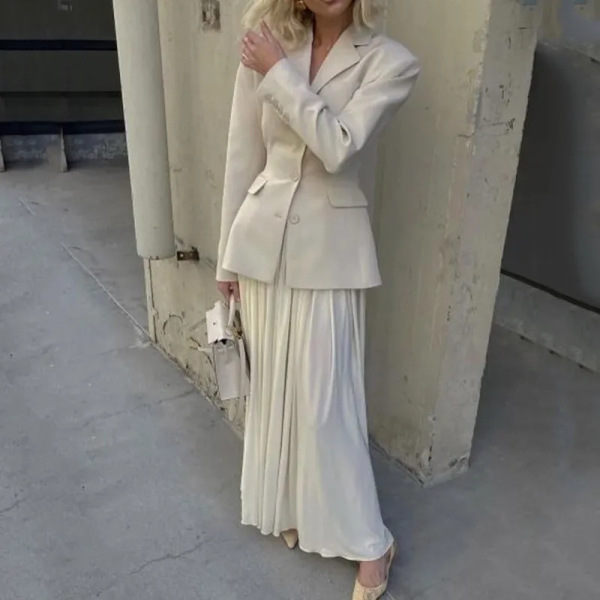 Small lapel slim fit pleated long skirt suit 13