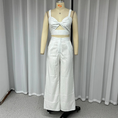 Solid color sexy hollow top high waist wide leg pants suit 62